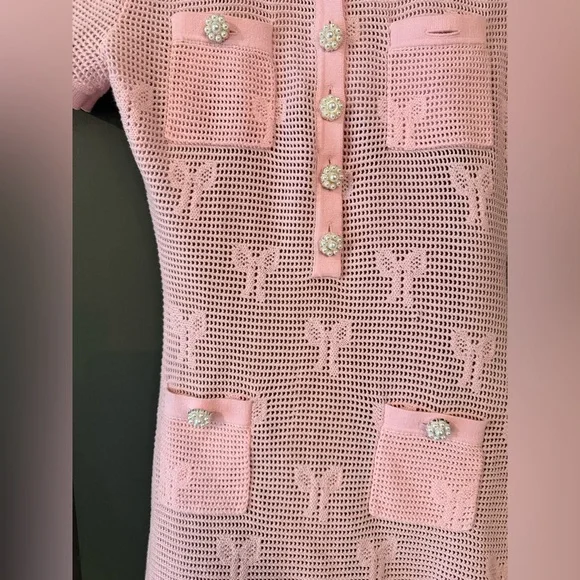 Self Portrait Pink Bow Crystal & Pearl Short-Sleeve Crochet Dress size Small - Picture 4 of 9